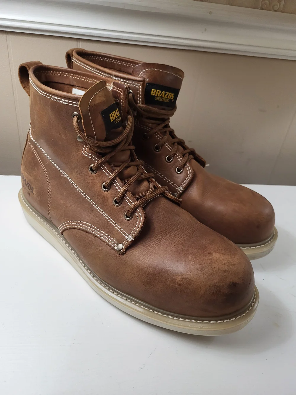 Brazos Men's Tan Leather Work Boots - Lace-Up Construction, Size 12